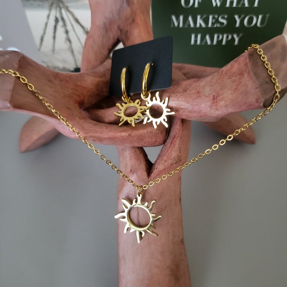 Gold Stainless Steel Sun Motif Jewelry Set — Necklace + Small Hoops